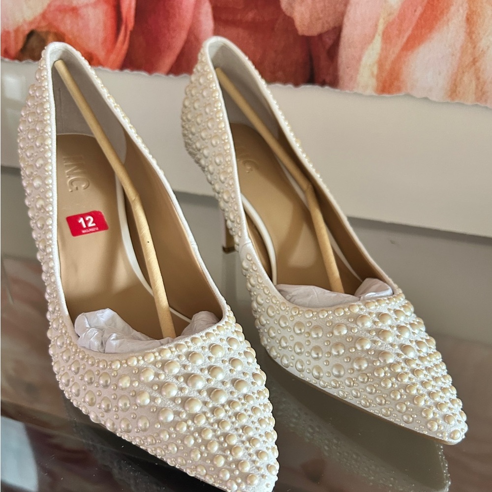 INC International Concepts 12 Pearl-Embellished White Heels